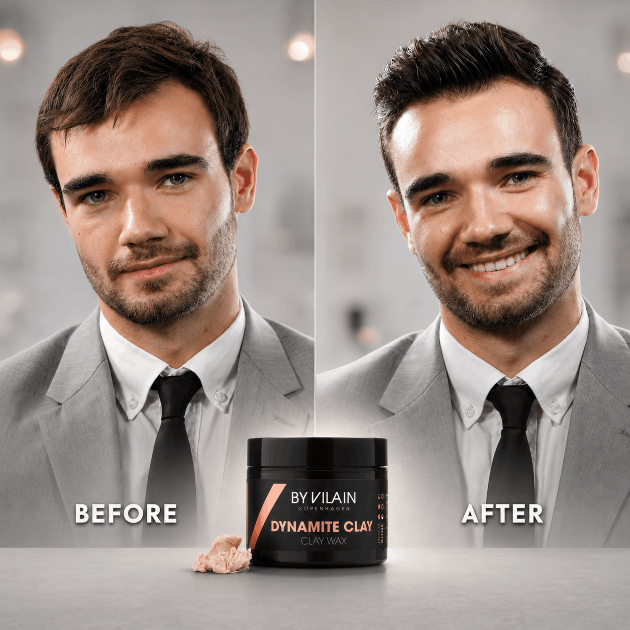 Before-and-after men’s hairstyle transformation with textured volume and a natural matte finish, featuring By Vilain Dynamite Clay.