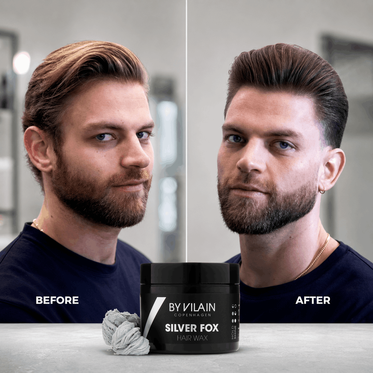 Before-and-after men’s hairstyle transformation with a smooth, slicked-back finish, featuring By Vilain Silver Fox Hair Wax.